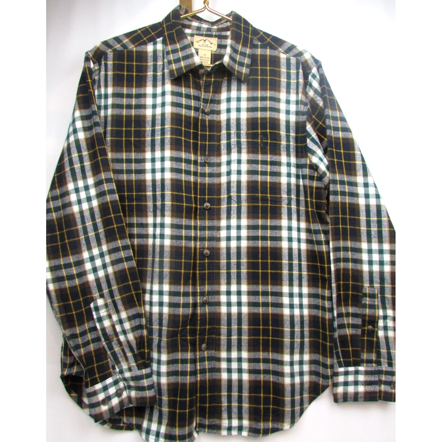 Blue Mountain Flannel Shirt Black Yellow White Button Up Mens Size M